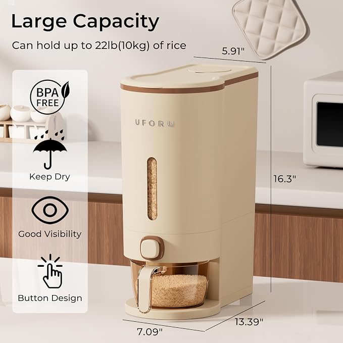 UFORU Rice Dispenser, Rice Storage Container with Measuring Cup for Kitchen Pantry Household, Cereal Dry Food Storage Containers Airtight, Sealed Moisture Proof (Brown 22 Lbs)