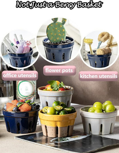 Gomakren Ceramic Fruit Basket Set of 2, Round Fruit Bowl with Holes, Fruit Storage Containers for Fridge, Small Berry Basket for Kitchen, Berries, Strawberry, Grape, Cherry - Cobalt Blue