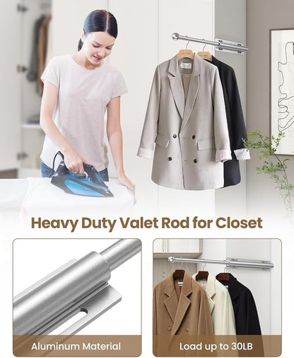 Supforce Valet Rod for Closet Pull Out, Retractable Slide Out Valet Rod Closet Organization, 12" Aluminum Valet Clothing Hanger Rods Perfect for Suits, Freshly Pressed Clothes, Matte Silver
