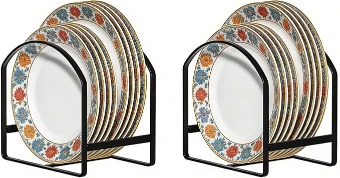LINFIDITE 2 Pack Kitchen Plate Holder Organizer for Cabinet Space Saver Dinner Dish Plate Storage Rack Upright Dish Drying Racks Metal Dish Racks Stand for Cupboard and Countertop Large Black