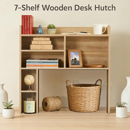 Desktop Bookshelf, Wooden Desk Hutch with 7 Shelves, 35.4" 3-Tier Desk Organizer and Storage Shelf for College Dorm Office Home (Natural)