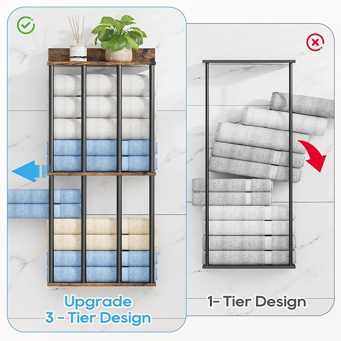 Towel Racks for Bathroom Wall Mounted, Updated 4 Bar Wall Towel Holder | Large Bathroom Towel Storage Rack for Rolled Towels, Vintage Metal Towel Organizer Shelf with Wooden Storage Shelf