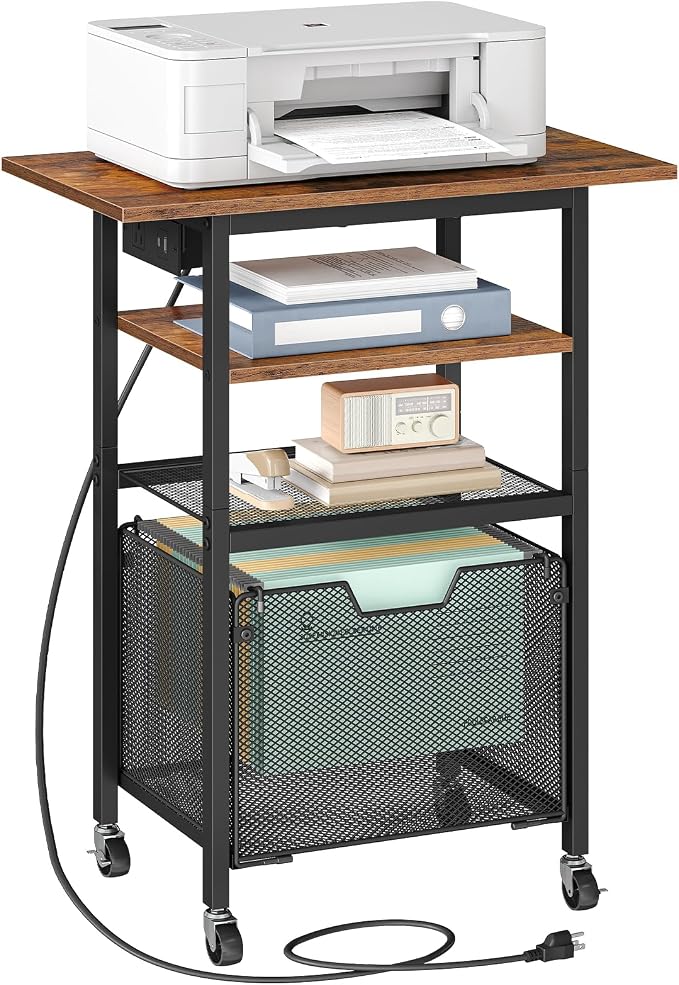 HOOBRO Printer Stand, Printer Table with Charging Station, Printer Cart with Hanging File Folder Organizer, Rolling File Cabinet Cart, Shelf for Home Office, Rustic Brown and Black BF17UPS01