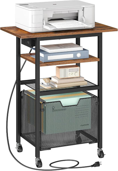 HOOBRO Printer Stand, Printer Table with Charging Station, Printer Cart with Hanging File Folder Organizer, Rolling File Cabinet Cart, Shelf for Home Office, Rustic Brown and Black BF17UPS01