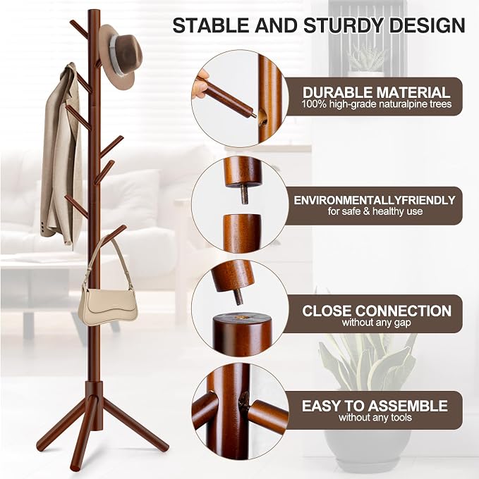 WANGMUXIA Coat Rack, Freestanding Coat Rack with 8 Hooks and 3 Adjustable Size Tree Coat Racks for Bedroom, Hallway, Entrance, Office, for Hats, Coats, Scarves, Handbags