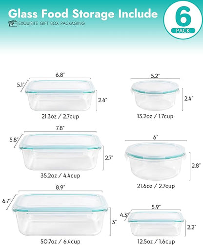 6-Piece Borosilicate Glass Food Storage Containers Set with Airtight Lids - Oven, Microwave & Freezer Safe, Leak-Proof, BPA-Free - Baking, Meal Prep & Gift Ready