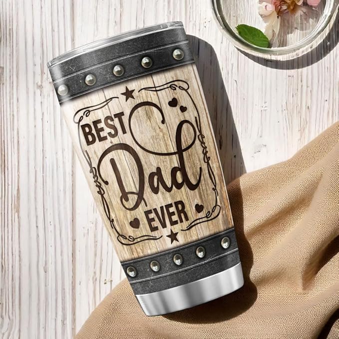 Best Dad Ever Gift Tumbler, Rustic Wood Pattern 20oz Stainless Steel Travel Mug, Insulated Vacuum Cup for Father, Birthday, Christmas, Father's Day Present