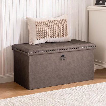 30 Inches Storage Ottoman Bench, Foldable Foot Rest with Rivet Design, 15 x 30 x 15 Inches, End of Bed Bench Footstool, Storage Chest, Load up to 330 lb, for Living Room, Bedroom, Entryway, Oak Brown