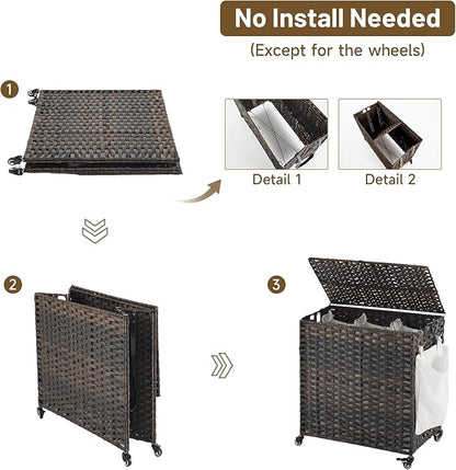 Laundry Hamper with Wheels, 39.6 Gallon(150L) Rolling Laundry Basket with Lid, 3-Section Rattan Clothes Hamper with 3 Removable Liner & 3 Mesh Bags, Laundry Sorter with Side Pocket, Brown