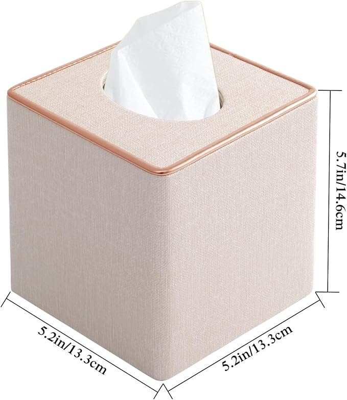 Linen Square Tissue Box Cover,Cube Tissue Box Holder－Excellent Rosegold Leather Decoration,Table Napkin Case Dispenser,Facial Tissues Organizer with Magnetic Bottom for Home Office Car(Beige)
