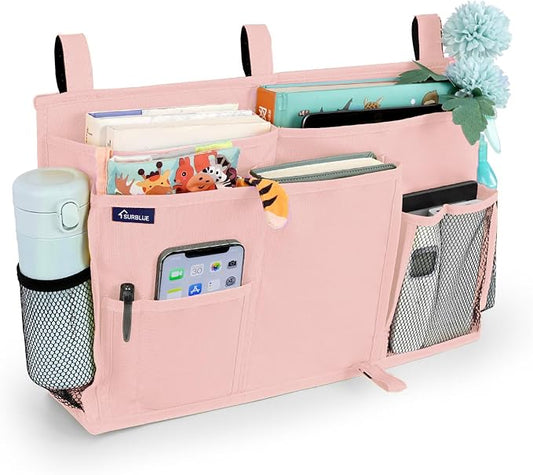 Surblue Bedside Caddy Hanging Bed Organizer Storage Bag Pocket for Bunk and Hospital Beds, College Dorm Rooms Baby Bed Rails, Camp 8 Pockets, (Large, Light Pink)