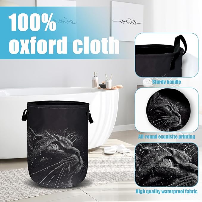 Black Cat Stars Night Laundry Basket, Laundry Hamper Collapsible Oxford Cloth with Handle Clothes Toy Storage Bin for Bathroom Laundry Room Bedroom 15.7 X 20 Inch