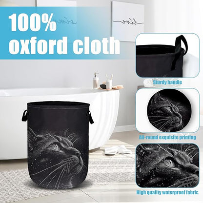 Black Cat Stars Night Laundry Basket, Laundry Hamper Collapsible Oxford Cloth with Handle Clothes Toy Storage Bin for Bathroom Laundry Room Bedroom 15.7 X 20 Inch