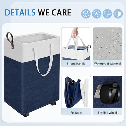 HomeHacks 90L Rolling Laundry Hamper with 4 Smooth Wheels, Collapsible Waterproof Clothes Basket, Freestanding Tall Hamper with Extended Handles for Bedroom/Dorm/Laundry Room (Blue)