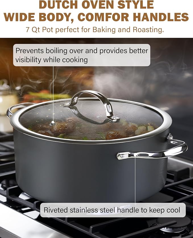 Cooks Standard Classic 7-Quart Stock Pot Dutch Oven Casserole with Glass Lid, Hard Anodized Nonstick Stockpot, Not Induction, Black