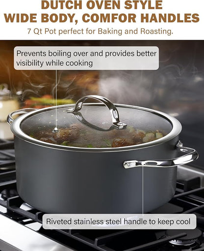 Cooks Standard Classic 7-Quart Stock Pot Dutch Oven Casserole with Glass Lid, Hard Anodized Nonstick Stockpot, Not Induction, Black