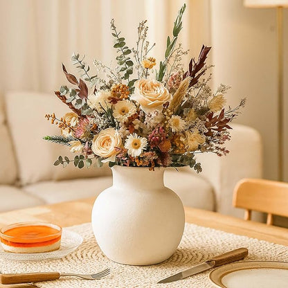 Ceramic Rustic Farmhouse Vase | 6 Inch Pottery Decorative Flower for Home Decor | Boho Vase | Terracotta for Table, Living Room, Bathroom Decoration, Shelf Decor, Mantel, White