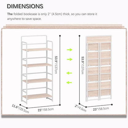 4NM No Assembly Folding Bookshelf, 4-Shelf 54" H Collapsible Foldable Bookcase Storage for Small Spaces, Natural White