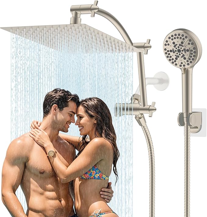 Hibbent All Metal cUPC Certified Shower Head, 12'' High Pressure Rain Shower Head, Handheld Showerhead Combo with 16'' Adjustable Extension Arm, 10 Sprays, 71'' Hose, Showerhead Holder, Brushed Nickel