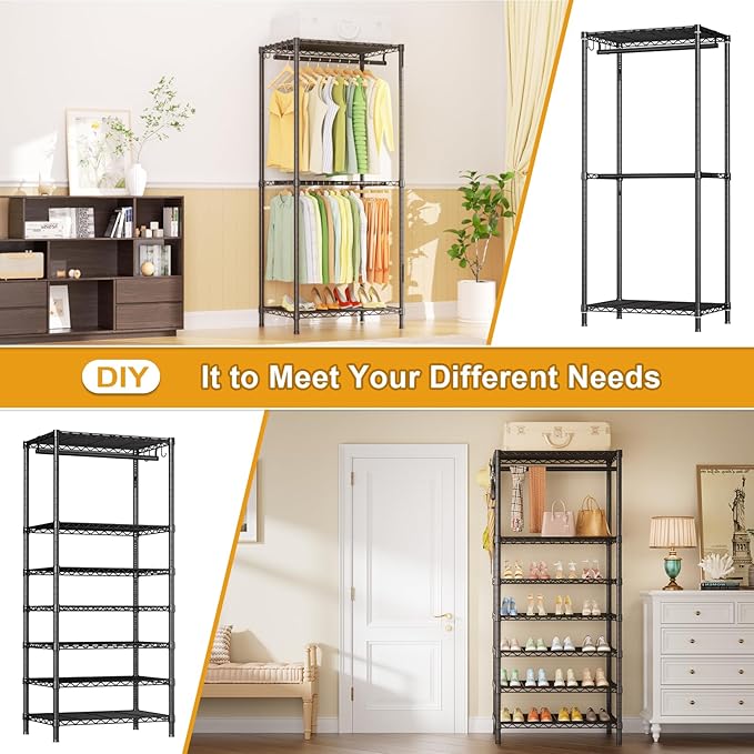 Ulif E13C Heavy Duty Closet Organizer System，Freestanding Clothing Racks for Hanging Clothes，Adjustable Garment Rack 63" W x 16" D x 77" H Hold 960 lbs，Black Clothing Rack with Grey Dustproof Cover