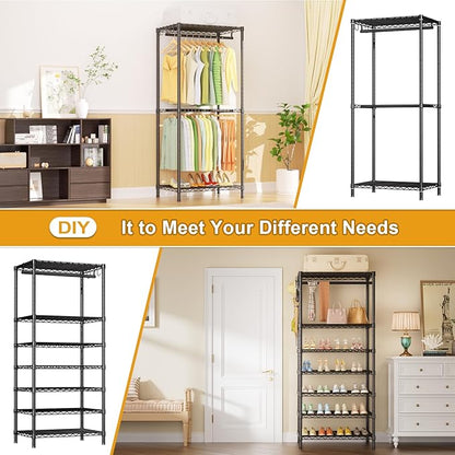 Ulif E13C Heavy Duty Closet Organizer System，Freestanding Clothing Racks for Hanging Clothes，Adjustable Garment Rack 63" W x 16" D x 77" H Hold 960 lbs，Black Clothing Rack with Black Dustproof Cover