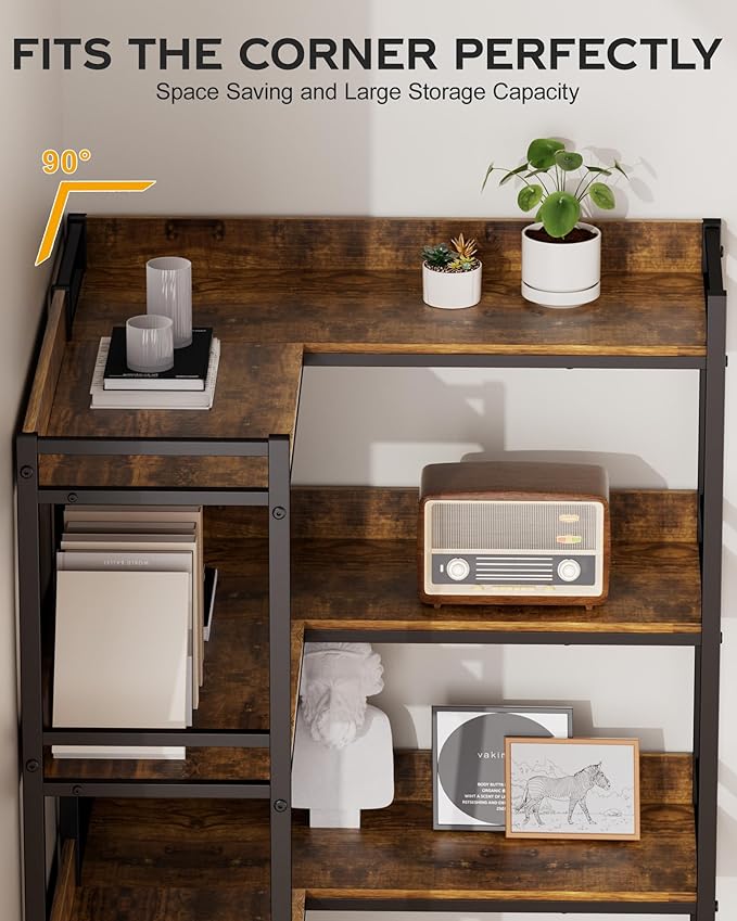 Large 5-Tier Corner Bookshelf - Modern Tall Corner Shelf Storage Display Rack with Sturdy Metal Frame - Perfect for Living Room, Home Office, Books and Decor Display