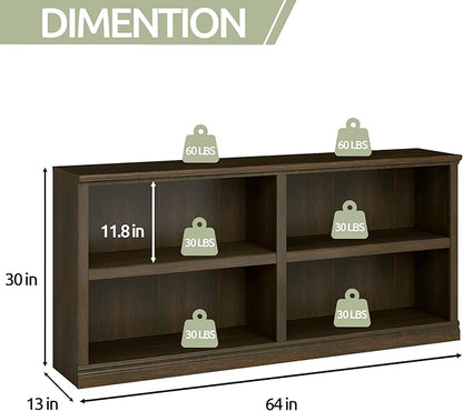 blini Low Horizontal Bookshelf Double Wide 64" 2-Tier Bookcase 4 Cube Storage Organizer Cherry Wood Bookcases for Bedroom and Home Office Decor Display