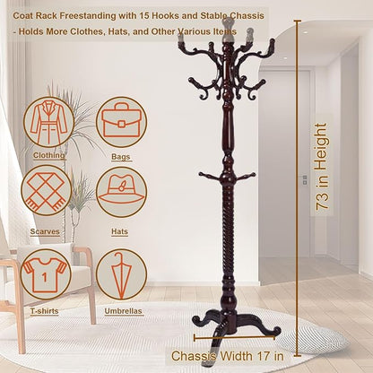 Coat Rack Freestanding with 18 Hooks, Wooden Standing Coat Racks for Entryway, Solid Wood Clothes Hanger Rack with Sturdy Round Base for Entryway, Hall, Bedroom, Office, Hallway (Triangular base)