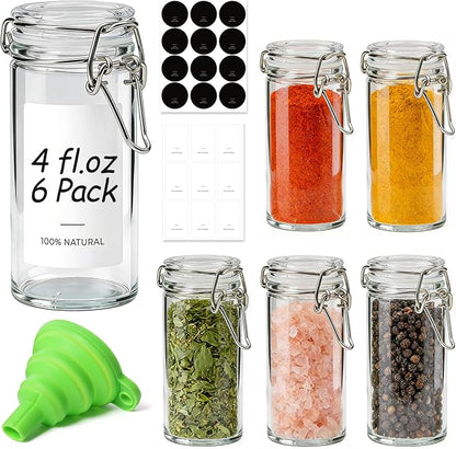 ComSaf 4 oz Glass Jars with Airtight Lid, 6 Pack Small Glass Containers for Cooking Enthusiasts and DIY Crafters, Food Grade Airtight Herb Storage Containers, Glass Spice Jars with Labels and Funnel