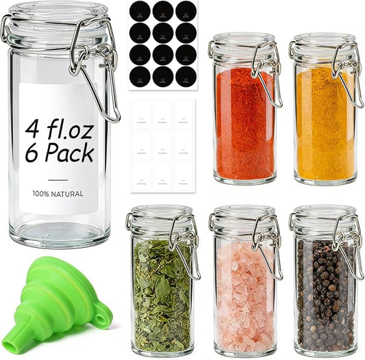 ComSaf 4 oz Glass Jars with Airtight Lid, 6 Pack Small Glass Containers for Cooking Enthusiasts and DIY Crafters, Food Grade Airtight Herb Storage Containers, Glass Spice Jars with Labels and Funnel