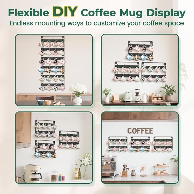 EsLuker.ly Mug Holder Hanger Rack Wall Mounted Wooden 3 Pack Coffee Cup Storage Organizer Display Shelf with 24 Movable Plastic Hooks, Ideal for Mug Collectors, Black