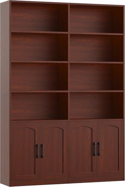FACBOTALL Bookshelf and Bookcase with Doors, 6 Tier Double Wide Large Bookshelves, Open Display Shelves, 73'' Tall Bookshelf with Storage Cabinets for Home Office, Living Room, Library, Cherry