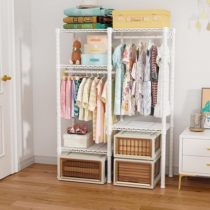 Ulif F1 Garment Rack for Kids, Baby, Students, and Children's Room, 4 Tiers Freestanding and Portable Heavy Duty Closets, Small Metal Clothes Rack with 2 Hanging Rod, 31.2" W x 11.8" D x 48" H, White