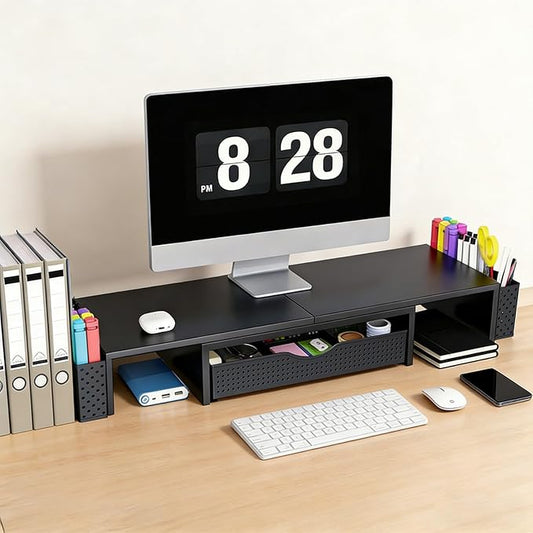 Spacrea Metal Desk Organizers and Accessories, Dual Monitor Stand Riser with Drawer and 2 Pen Holders, Book Racks, Desk Accessories & Workspace Desktop Organizers for Office Supplies (Black)