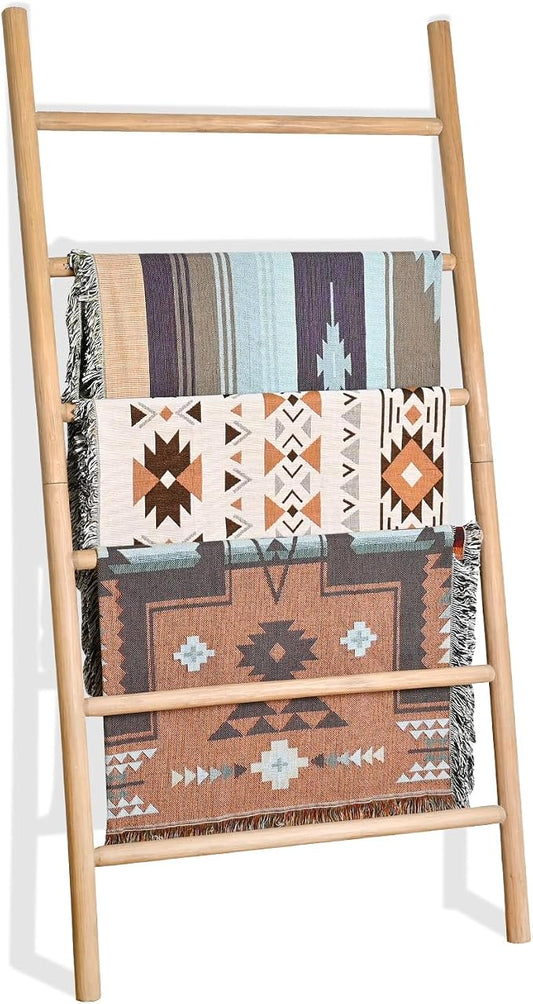 FUIN 6.4ft Extra Wide Wood Blanket Ladder Living Room Decorative Wall Leaning Farmhouse Quilt Display Holder Rustic Wooden Towel Rack for Bathroom, Brown, 38 inch Wide