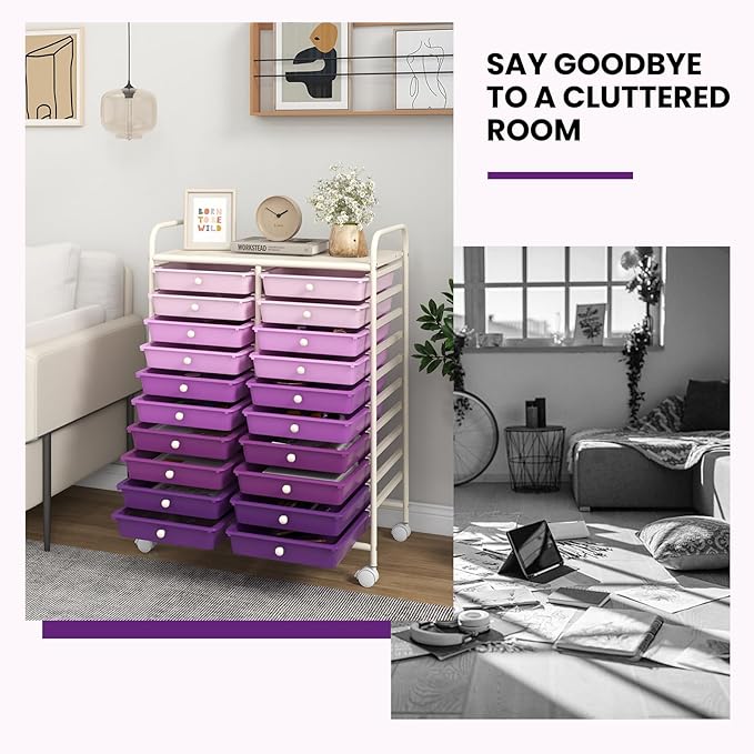 Giantex 20 Drawers Rolling Cart, Mobile Storage Drawer Cart, Classroom Organizer Cart for Office School Supplies Tools Scrapbook Paper Craft Small Printer, Utility Cart on Wheels, Gradient Purple