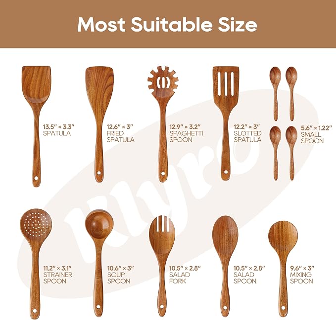 KLYRO 13 Pcs Wooden Cooking Utensil Set with Gift Box – Natural Wooden Spoons for Cooking & Serving, Nonstick Friendly, Perfect Housewarming & Holiday Gift