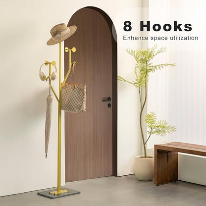 JIAYUEJU Heavy Duty Coat Rack Tree-shaped Metal Freestanding Coat Tree with Sturdy Marble Base Corner Coat Rack for Bedroom Entryway Hallway 14.96 x 10.24 x 68.9 Inches (Gold)