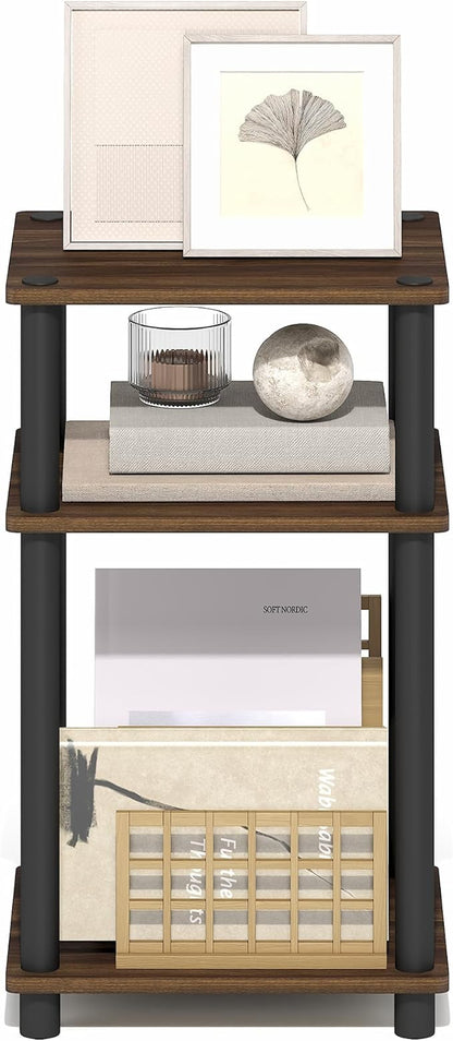 Furinno Turn-N-Tube Side Table, 3-Tier End Table with Open Shelf, Toolless Assembly Night Stand, Bedside Table, for Living Room, Bedroom, Brown Walnut