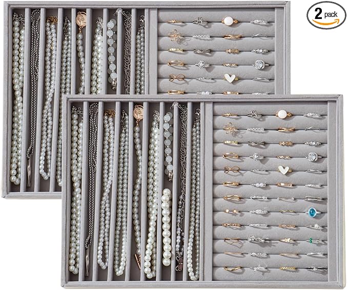 Large Velvet Jewelry Tray 2 Pack Stackable Jewelry Display Drawer Inserts Trays Organizer for Earring Bracelet Necklace Ring (Gray, Ring and 9 Grids)