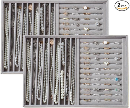 Large Velvet Jewelry Tray 2 Pack Stackable Jewelry Display Drawer Inserts Trays Organizer for Earring Bracelet Necklace Ring (Gray, Ring and 9 Grids)