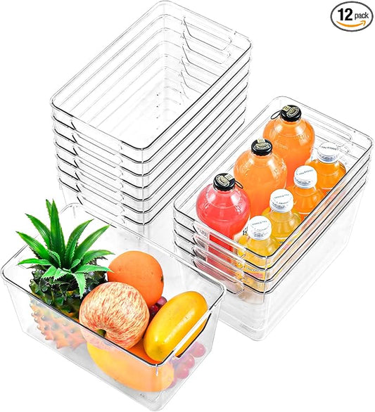 Freebat 12 Pack Middle Organizers and Storage, Pantry Organization and Storage Bins, Cabinet Organizer, Clear Plastic Storage Containers with Handle，Acrylic Storage Bins for Cabinet, Fridge