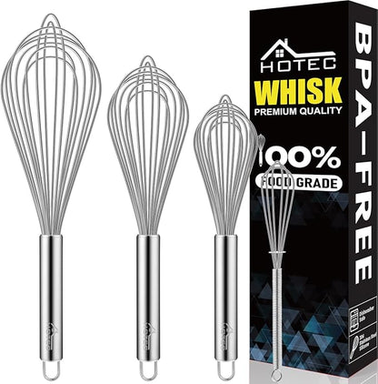 HOTEC 4 Pieces Stainless Steel Whisks Set Wire Whisk Balloon Whisk Egg Beater Kitchen Utensils for Stirring, Beating, Blending