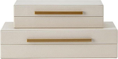 Set of 2 Beige Shagreen Decorative Storage Boxes with Gold Metal Handles – Faux Leather Jewelry & Memory Boxes, Nesting Photo Organizers for Home Decor