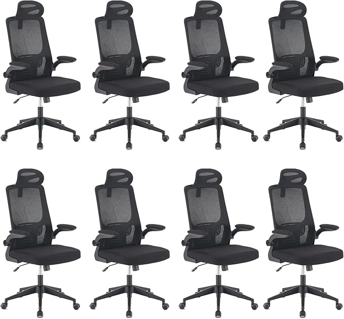 Office Computer Desk Chair, High Back Mesh Home Office Conference Room Chairs with Adjustable Headrest, Flip-Up Arms, Comfortable Lumbar Support, Black (Set of 8)
