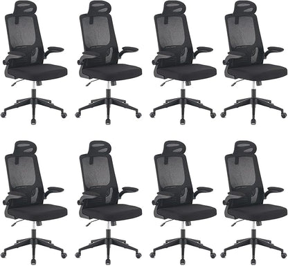 Office Computer Desk Chair, High Back Mesh Home Office Conference Room Chairs with Adjustable Headrest, Flip-Up Arms, Comfortable Lumbar Support, Black (Set of 8)