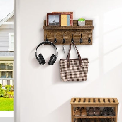 Shelf with Hooks, Coat Rack Wall Mount with 6 Double Metal Hooks, 17 Inch Farmhouse Wall Hooks with Shelf, for Entryway, Bathroom, Kitchen, Rustic Brown