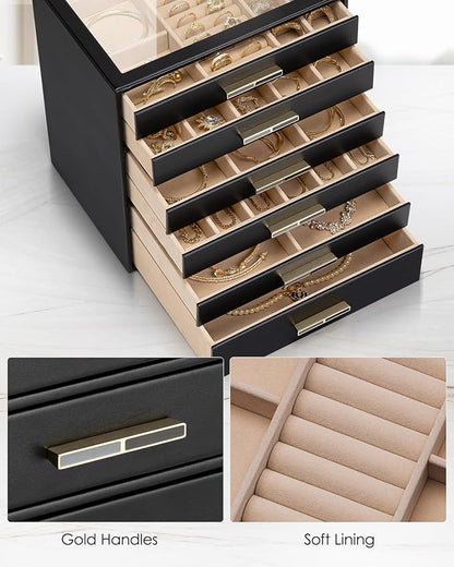 Vlando 6 Layer Jewelry Box for Women, Glass Lid Jewelry Organizer with 6 Drawers for Necklaces Rings Earrings Bracelets - Black