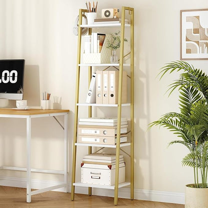 Ladder Shelf, Bookshelf Bookcase, Freestanding Corner Storage Shelve with 2 Hooks for Home Office, Living Room, Kitchen, Bedroom, Industrial, 11.8" D x 17.3" W x 63" H, White Gold BC19213G