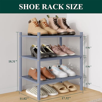 Smiry Small Bamboo Shoe Rack 3-Tier, Stackable Wooden Shoe Organizer for Entryway & Closet, Free Standing Wood Shoe Storage Shelf for Front Door & Small Spaces, Grey